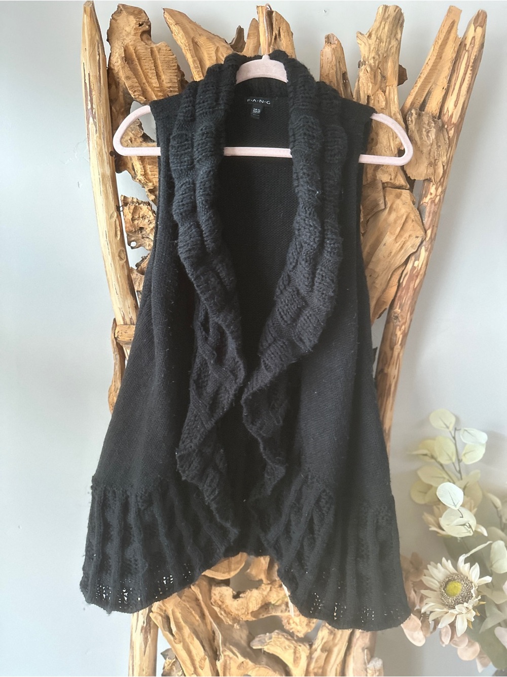 FANG Black Knit Open-Front Sleeveless Cardigan Vest